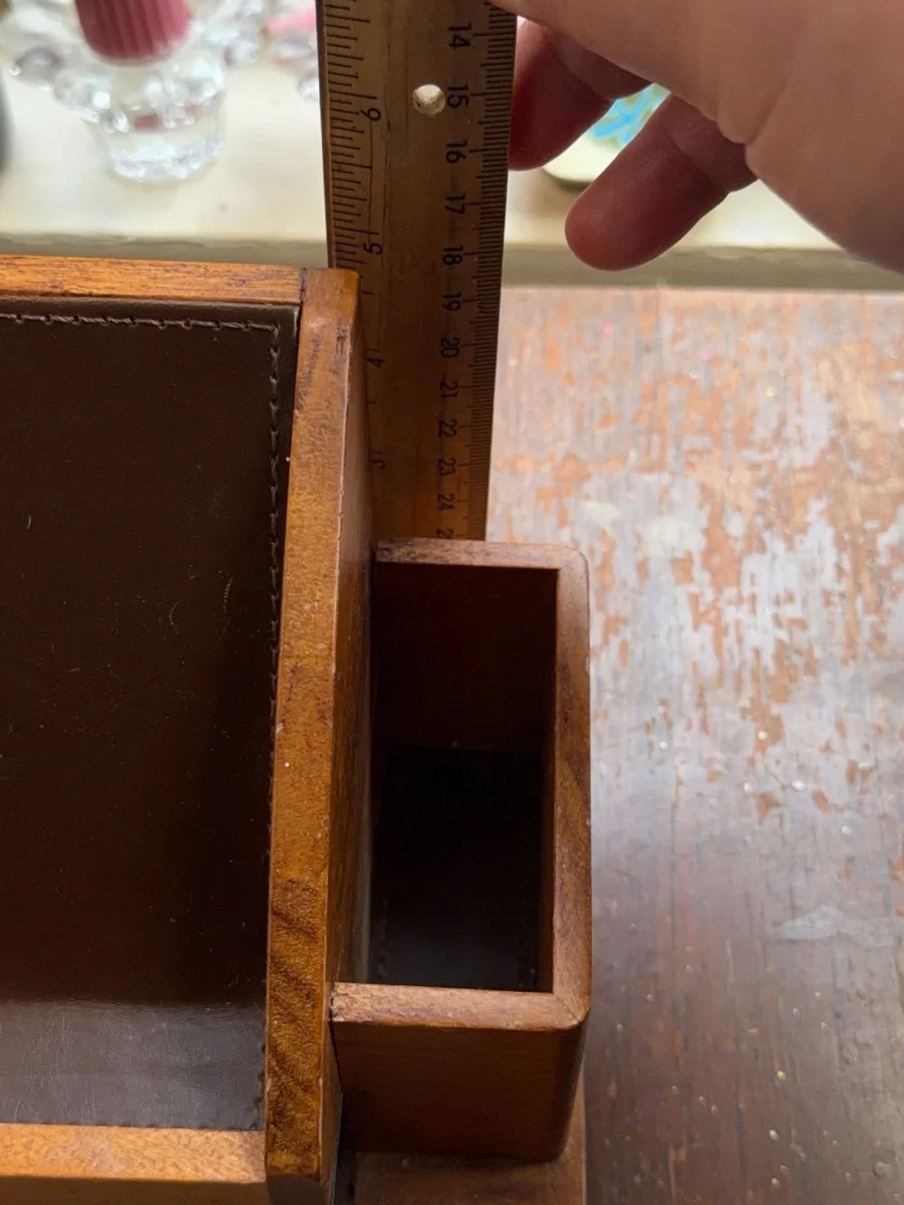 Wooden Desk Organizer with Brown Leather Accent